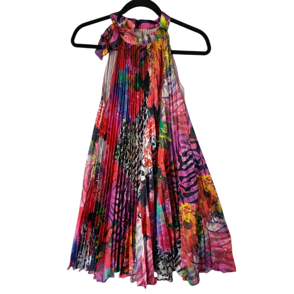 Vintage India Boutique Multicolor Abstract Pleated Halter Mini Dress OS Boho